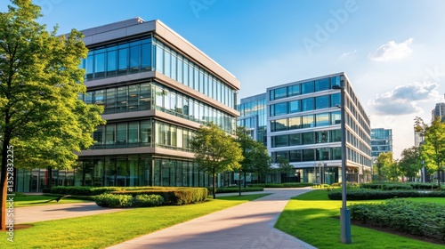 An office plaza with contemporary buildings, wide pedestrian walkways, and urban landscaping.