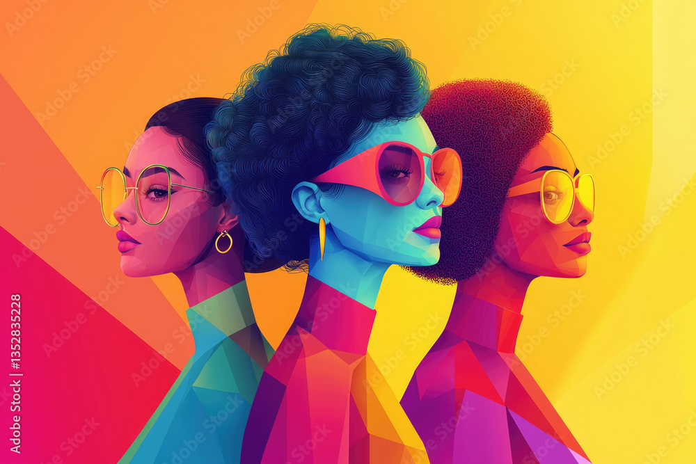 Fototapeta premium Three stylish women with vibrant, geometric designs and sunglasses, radiating confidence and energy.