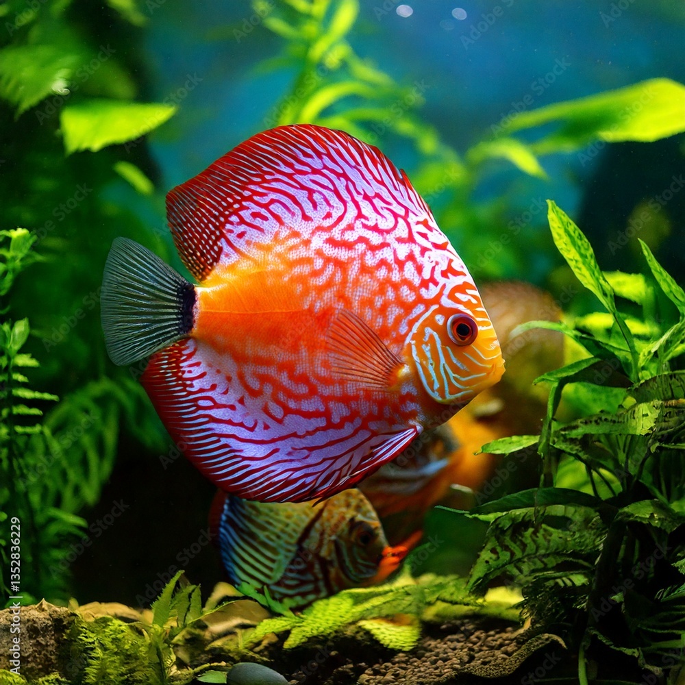 tropical discus fish Symphysodon aequifasciatus in aquarium with plants