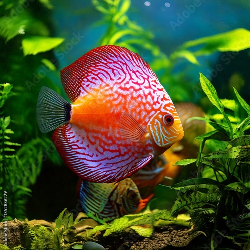 Obraz na płótnie tropical discus fish Symphysodon aequifasciatus in aquarium with plants w salonie