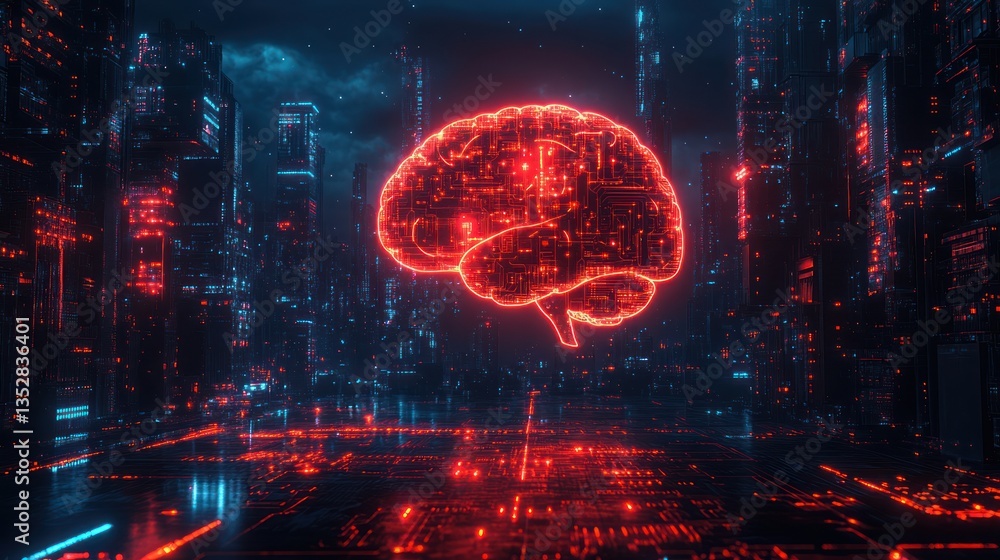 Glowing brain hologram over futuristic city. Glowing brain hologram over futuristic city.
