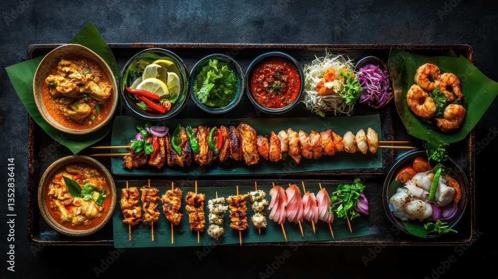 Fototapeta premium A colorful selection of Thai street food skewers, including chicken satay, shrimp, and pork belly.