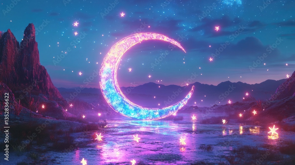 A crescent-shaped neon structure glowing in multicolored hues
