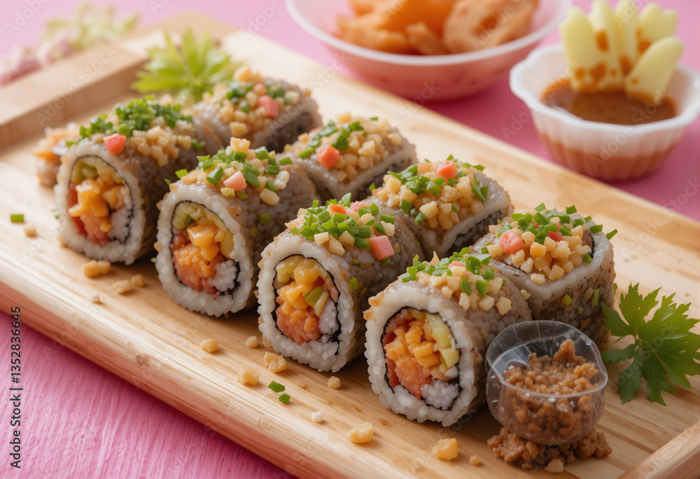 A plate of sushi with a variety of toppings, including carrots, cucumbers A plate of sushi with a variety of toppings, including carrots, cucumbers