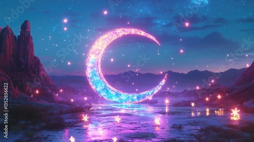 Obraz na płótnie A crescent-shaped neon structure glowing in multicolored hues w salonie