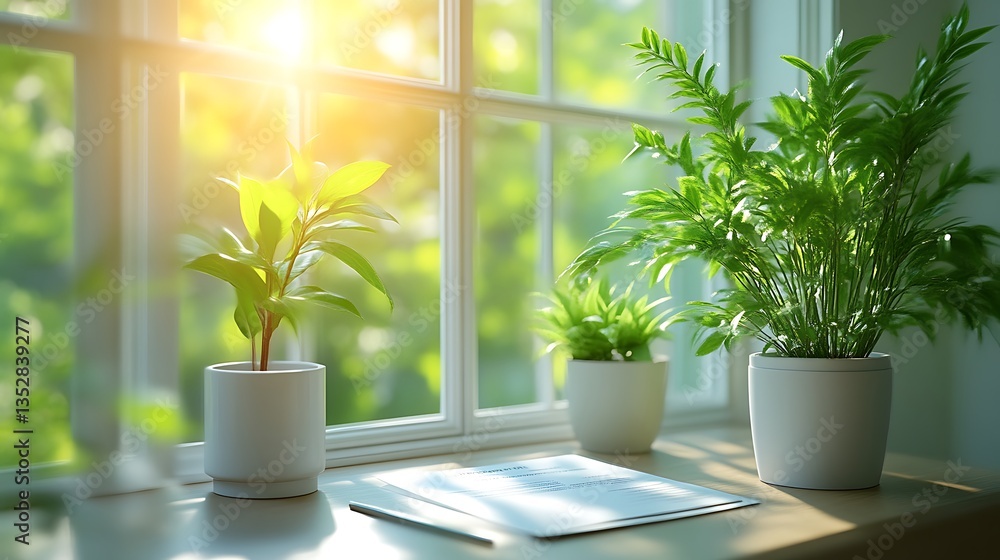 Sunlit Windowsill Plants And Documents Sunlit Windowsill Plants And Documents