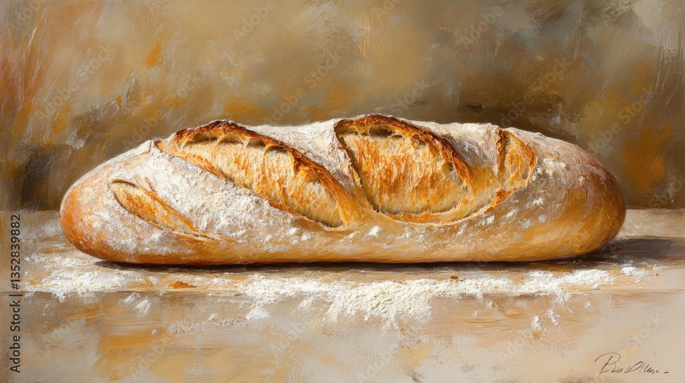 A freshly baked baguette with a golden crust, placed on a rustic wooden table with flour dusting. A freshly baked baguette with a golden crust, placed on a rustic wooden table with flour dusting.