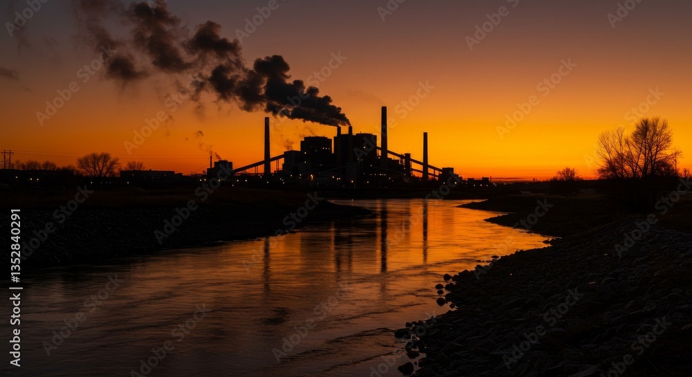 Fototapeta premium Industrial Sunset Reflection - Silhouette of an industrial power plant at sunset, reflected in calm water. Pollution is visible