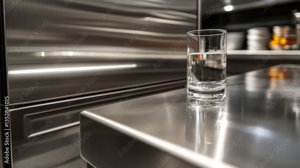 A glass of water on a sleek modern kitchen countertop with stainless steel appliances in the b A glass of water on a sleek modern kitchen countertop with stainless steel appliances in the b