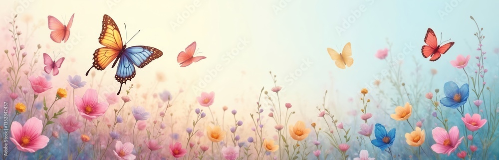 Fototapeta premium Pastel illustration features butterflies on delicate spring flowers. Floral field with vibrant colors. Romantic design for wedding, holiday cards, wallpaper, banner. Springtime atmosphere, bloom,