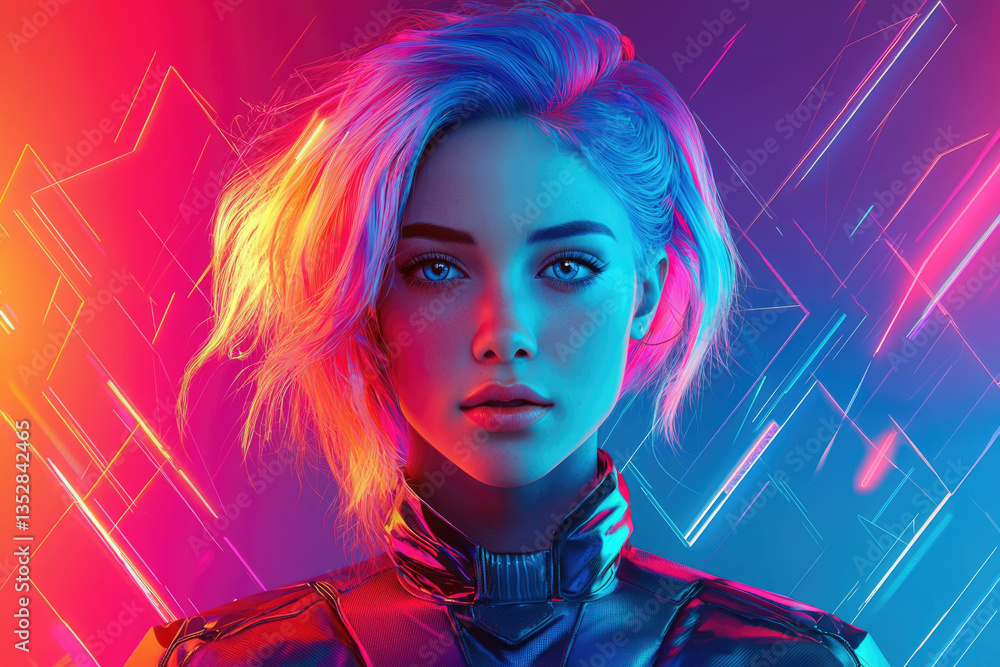 Fototapeta premium A cyberpunk-style portrait of a young woman with vibrant pink and blue hair, set against a backdrop of neon lights and geometric shapes.