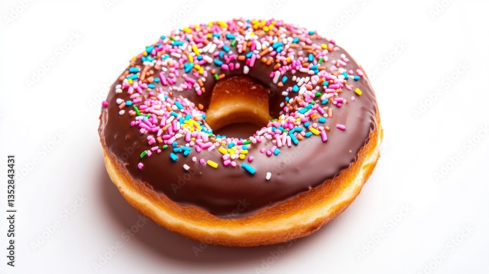 Delicious Chocolate Frosted Donut with Colorful Sprinkles on a White Background Delicious Chocolate Frosted Donut with Colorful Sprinkles on a White Background