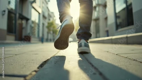 A close-up, low-angle shot of a person walking on a paved city street with warm sunlight casting long shadows. A dynamic and cinematic urban lifestyle moment