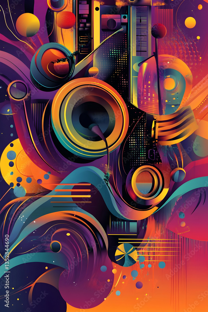 Fototapeta premium Tribute to Musical Legends: A Vibrant Vector Illustration Featuring a Detailed Soundboard and Diverse Music Genre Elements in a Dynamic Composition
