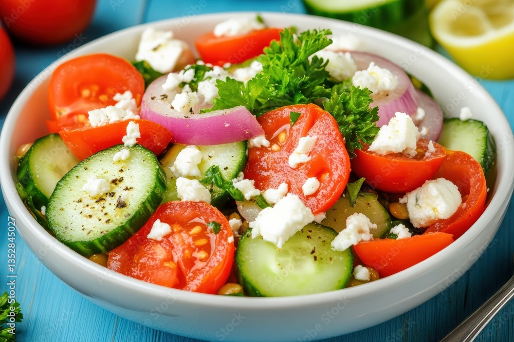 Fresh Greek style lentil salad bursting with vibrant vegetables Generative AI Fresh Greek style lentil salad bursting with vibrant vegetables Generative AI