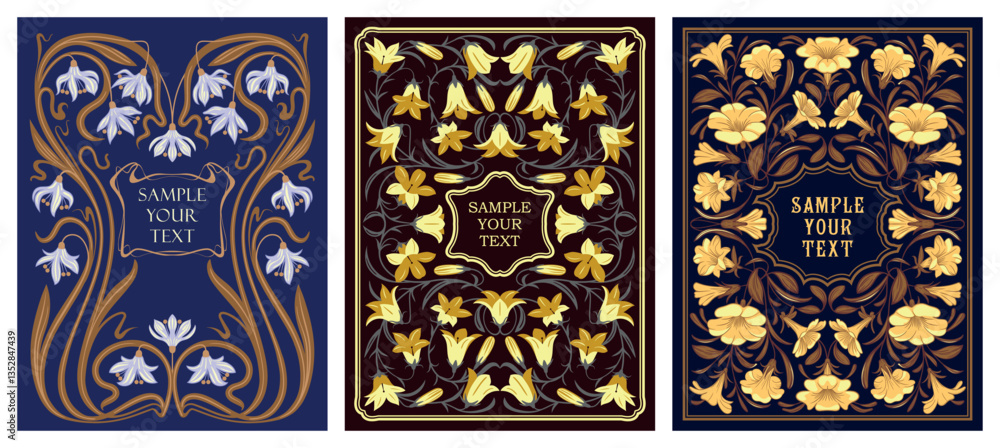 Set of 3 antique frames in Art Nouveau style with pattern of flowers, buds, leaves and branches. Vintage Victorian style concept. Handmade drawing vector illustration. Set of 3 antique frames in Art Nouveau style with pattern of flowers, buds, leaves and branches. Vintage Victorian style concept. Handmade drawing vector illustration.