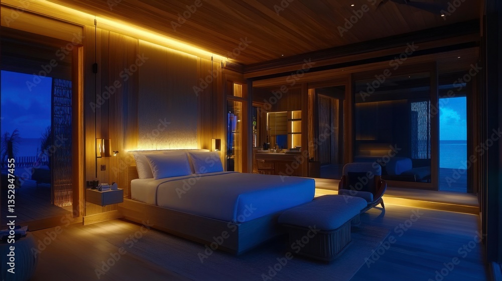 Fototapeta premium A relaxing bedroom in periwinkle blue, with sleek furniture, cozy bedding, and natural textures.