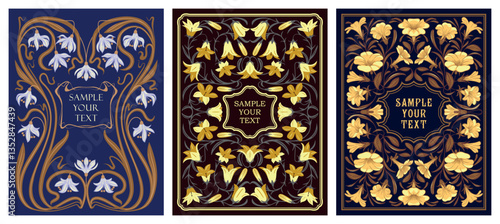 Set of 3 antique frames in Art Nouveau style with pattern of flowers, buds, leaves and branches. Vintage Victorian style concept. Handmade drawing vector illustration.