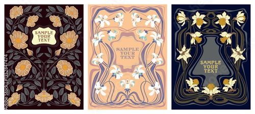Set of 3 antique frames in Art Nouveau style with pattern of flowers, buds, leaves and branches. Vintage Victorian style concept. Handmade drawing vector illustration.