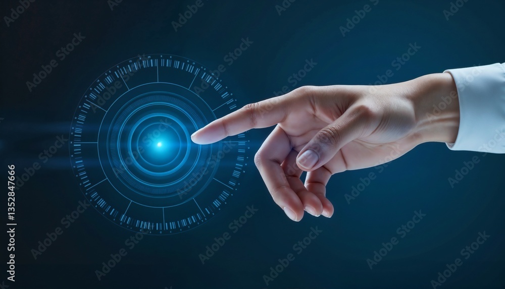 Hand touching digital interface against dark background Hand touching digital interface against dark background