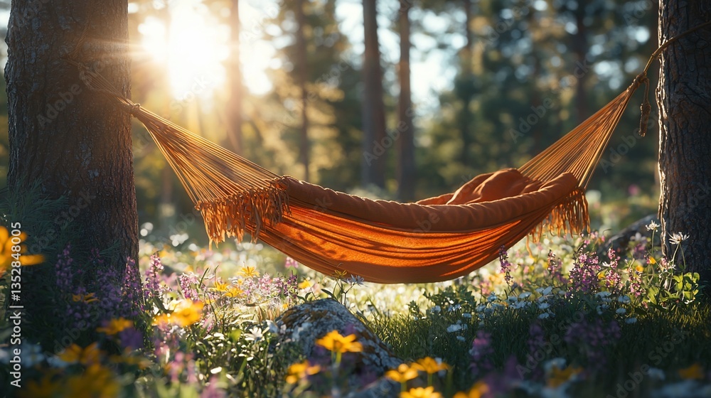 Serene hammock in a sunlit forest meadow.