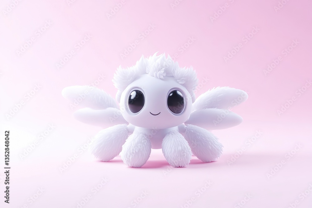 Fototapeta premium Cute white plush toy creature with big eyes and wings sitting on a pastel pink background.