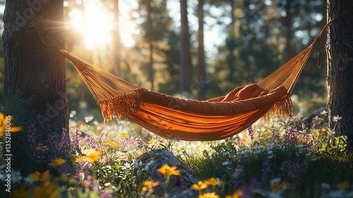 Obraz na płótnie Serene hammock in a sunlit forest meadow. w salonie