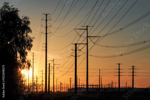 Dense alignment of transmission towers and utility poles carry high-voltage power lines across an industrial corridor at sunrise, silhouetted alongside trees and factories