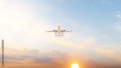 ULTRA HD. Airplane flies in sunset sky. Travel. Airplane takes off against the background of sunset sky.