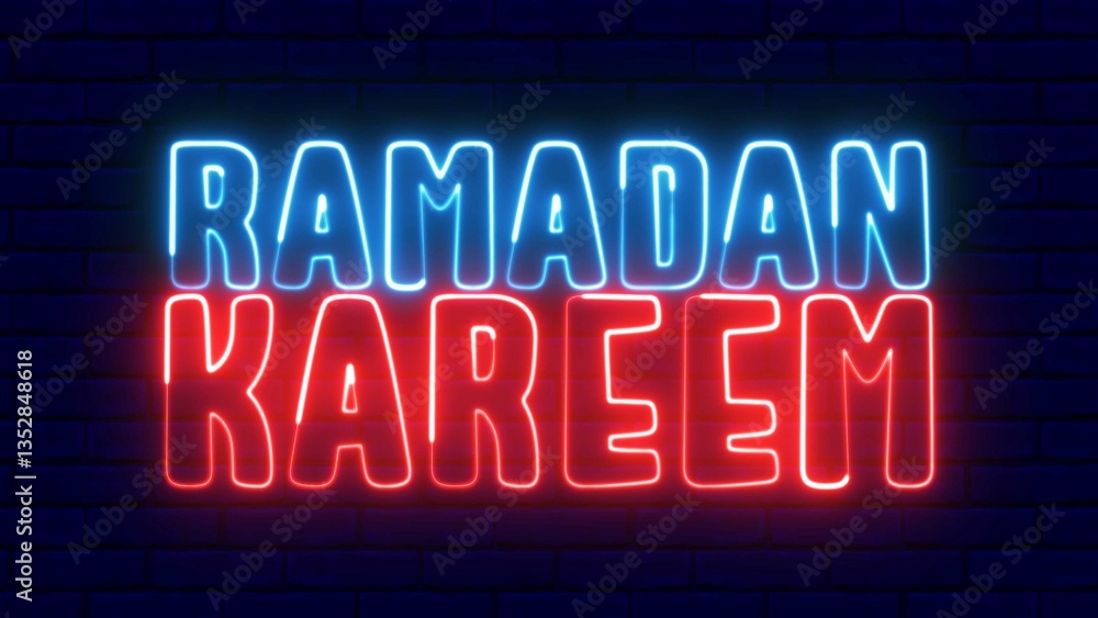 Obraz premium Ramadan Kareem text font with light. Luminous and shimmering haze inside the letters of the text Ramadan Kareem. Ramadan Kareem neon sign.