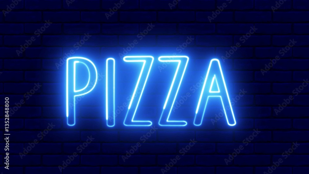 Pizza neon sign. Pizza text font with light. Luminous and shimmering haze inside the letters of the text Pizza. Pizza neon sign. Pizza text font with light. Luminous and shimmering haze inside the letters of the text Pizza.