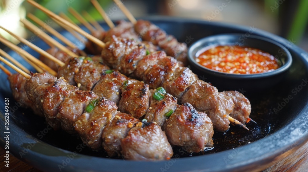 A sizzling plate of Thai-style grilled pork skewers Moo Ping served with spicy dipping sauce. A sizzling plate of Thai-style grilled pork skewers Moo Ping served with spicy dipping sauce.