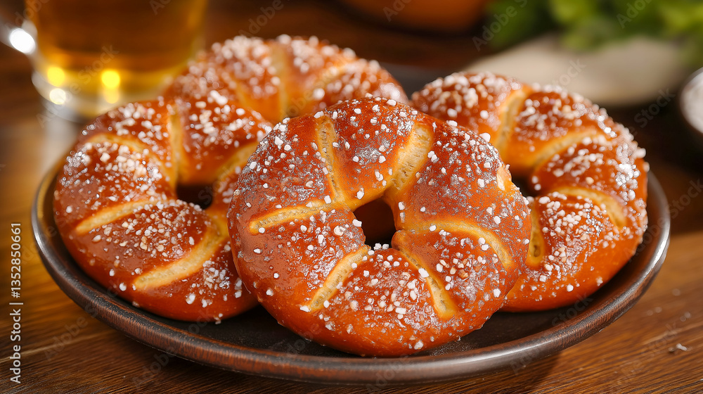 Golden brown pretzels with a sprinkling of coarse salt, displayed on a brown plate with beer in the background. Golden brown pretzels with a sprinkling of coarse salt, displayed on a brown plate with beer in the background.