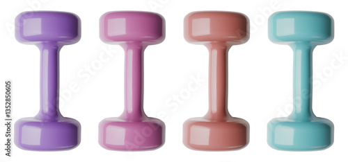 Set of pastel colored vinyl dumbbells, flat lay top down view, isolated against a transparent background