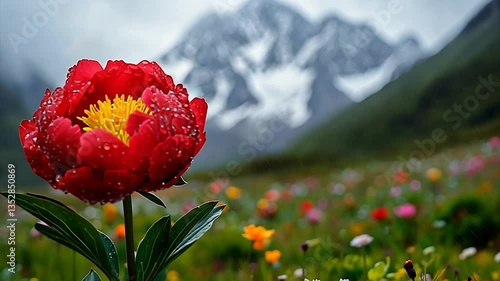 Vibrant red flower blooming in a lush meadow with mountains behind