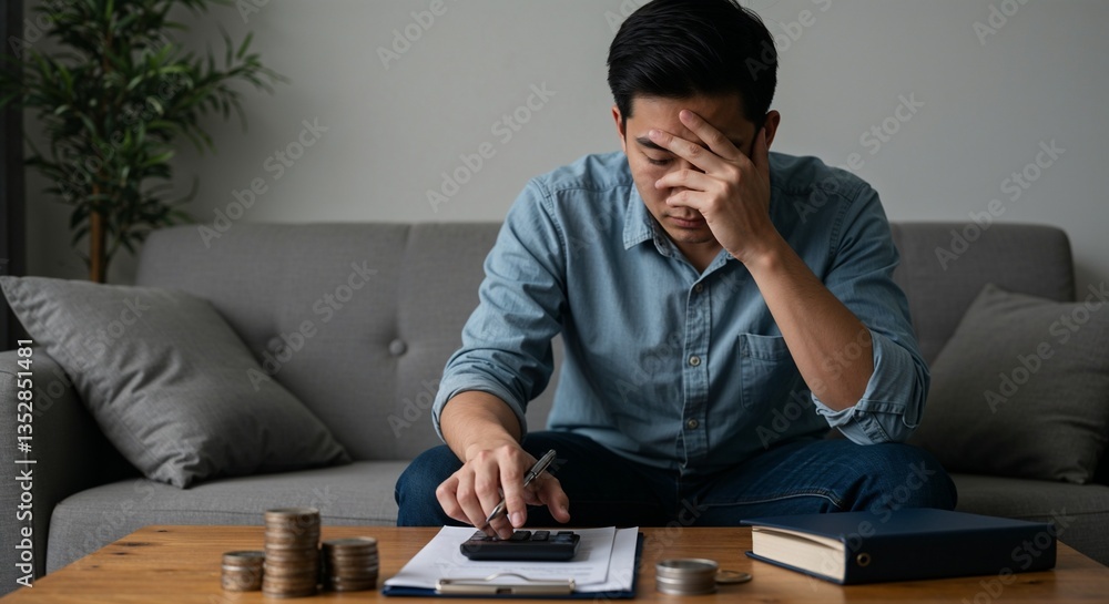 Obraz premium Man Calculating Finances: Stress and Budgeting