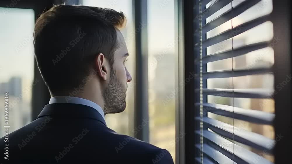Contemplative Businessman Gazing Through Office Window Contemplative Businessman Gazing Through Office Window