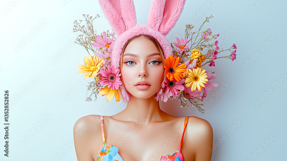Girl in carnival costume for Easter holiday, with rabbit ears and dress made of flowers isolated on simple light background.