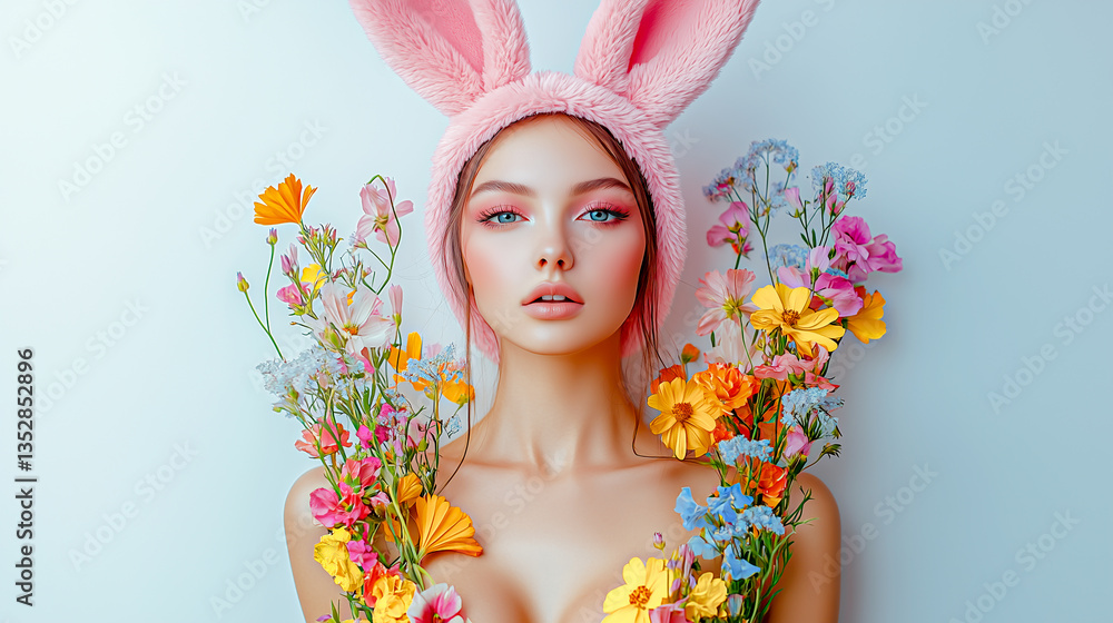 Girl in carnival costume for Easter holiday, with rabbit ears and dress made of flowers isolated on simple light background.