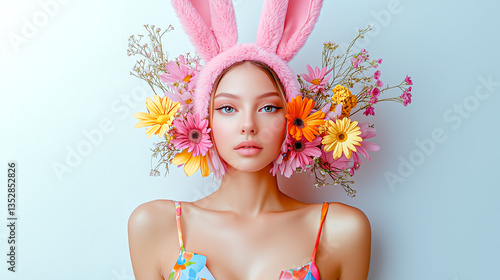 Obraz na płótnie Girl in carnival costume for Easter holiday, with rabbit ears and dress made of flowers isolated on simple light background. w salonie