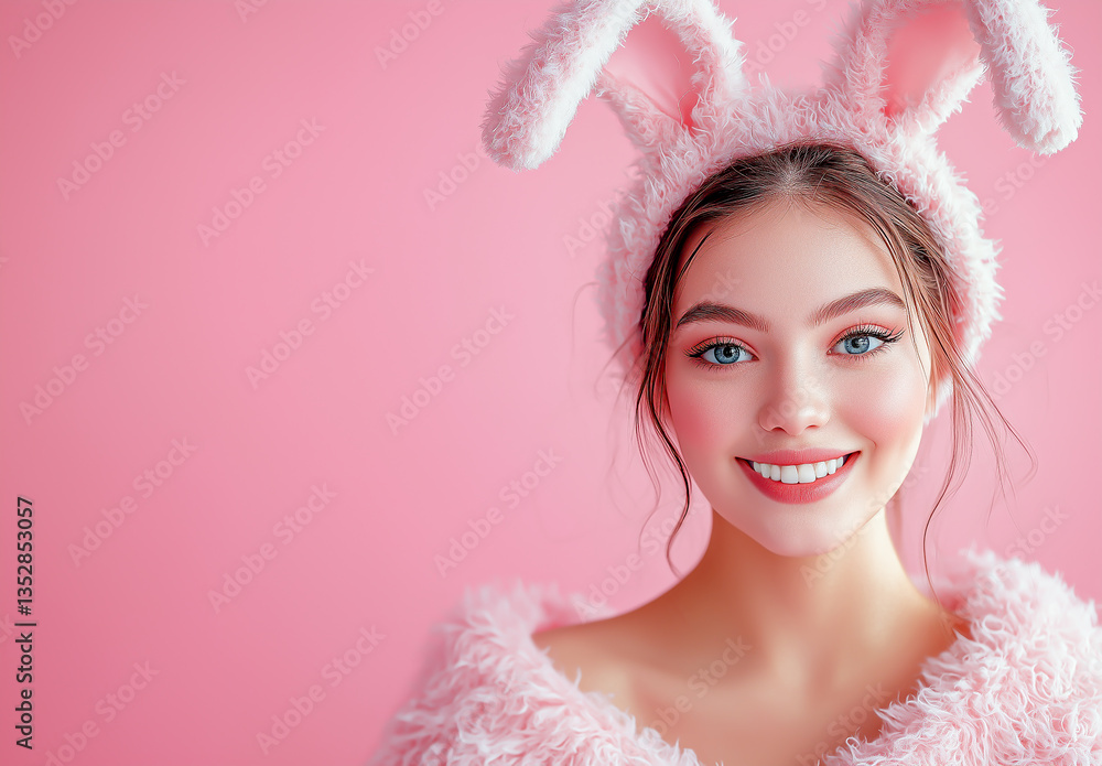 Girl in carnival costume for Easter holiday, with rabbit ears isolated on simple pink background.
