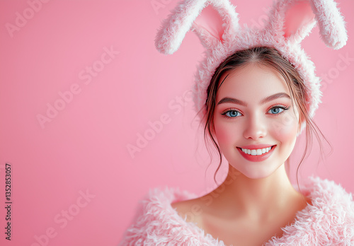 Obraz na płótnie Girl in carnival costume for Easter holiday, with rabbit ears isolated on simple pink background. w salonie