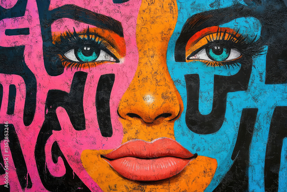 Fototapeta premium Vibrant graffiti art depicting a woman's face, split into bold pink, orange, and blue sections with black lettering.