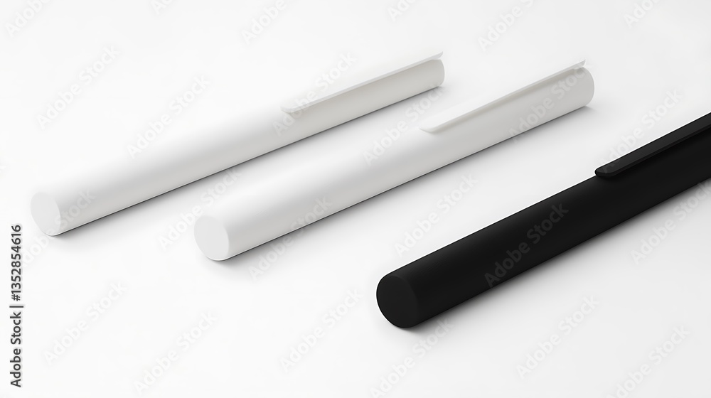Minimalist white pens, black pen, office desk Minimalist white pens, black pen, office desk