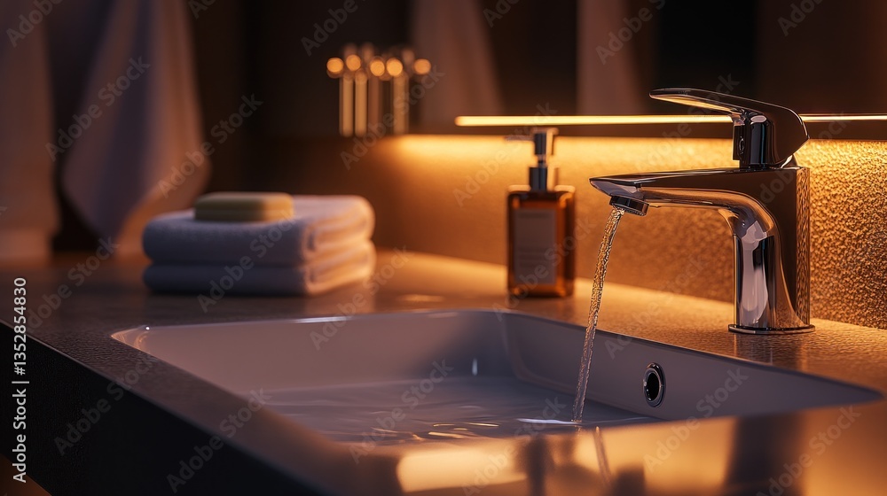 Modern Bathroom Sink with Running Water and Warm Lighting Modern Bathroom Sink with Running Water and Warm Lighting