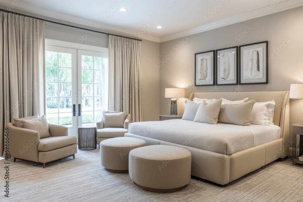 A modern bedroom featuring neutral colors and elegant furnishings A modern bedroom featuring neutral colors and elegant furnishings