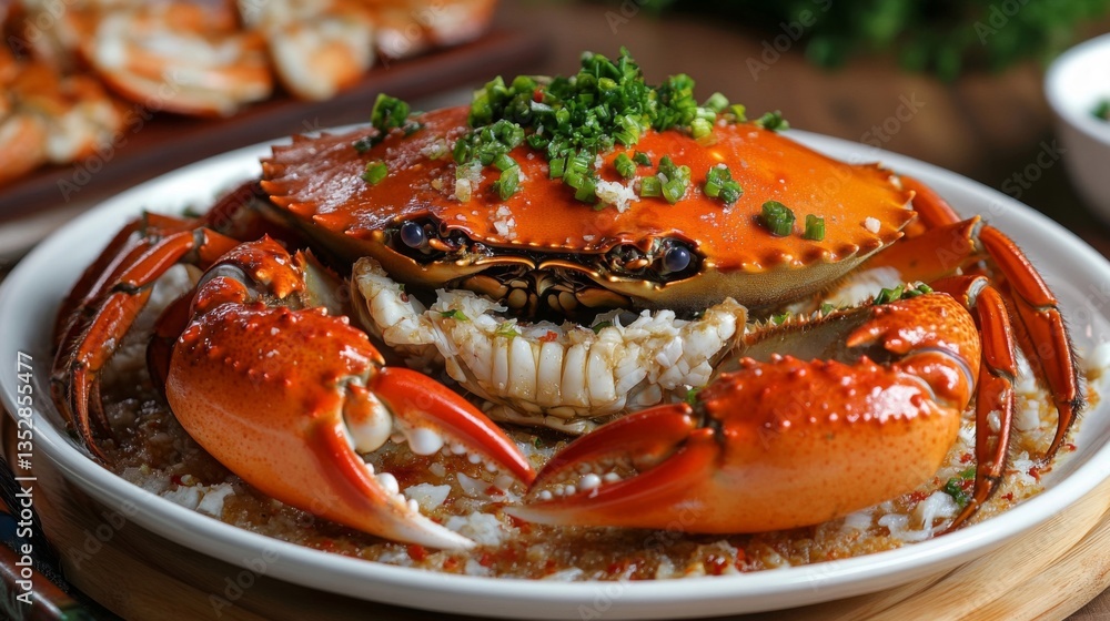 Steamed Crab with Rice and Scallions on White Plate Steamed Crab with Rice and Scallions on White Plate
