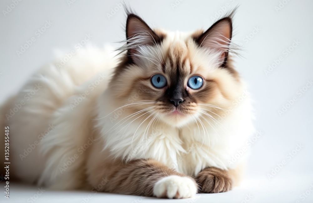 Fluffy ragdoll cat with beautiful blue eyes lies comfortably on white background. Cute pet kitten has soft fur, perfect for pet lovers, animal shelters, vet clinics, pet food ads. Fluffy ragdoll cat with beautiful blue eyes lies comfortably on white background. Cute pet kitten has soft fur, perfect for pet lovers, animal shelters, vet clinics, pet food ads.
