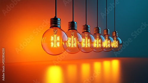 Five glowing vintage light bulbs hanging in a row against an orange and teal background.