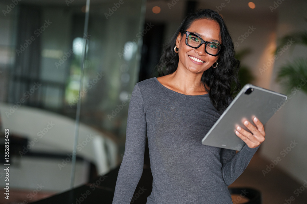 Fototapeta premium Confident Woman in Gray Dress Holding a Tablet Smiling in a Bright Modern Office Setting
